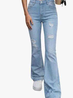 Emmiol Stretchy High-Waist Light Blue Flared Ripped Women’s Bell Bottom Jeans